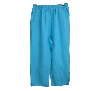 FLAX 100% Linen Cropped Wide Leg Pants, Blue, Womens Small, Pull On, Boho